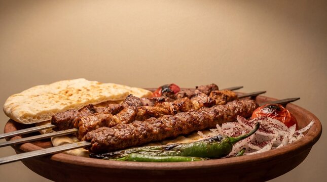 A delectable traditional Turkish kebab plate with grilled peppers, onions, and fresh pita bread, showcasing authentic Middle Eastern cuisine