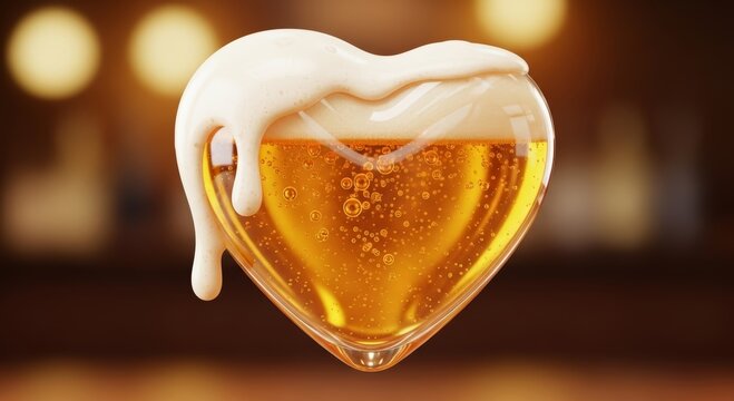 Heart shaped glass filled with golden beer and white foam. Concept of love for craft brewery and alcoholic beverage. Pub atmosphere with blurred lights for valentine celebration toast.