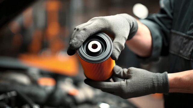 Changing the oil filter in a car during a maintenance session at an auto shop