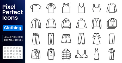 Obraz na płótnie Canvas Clothing, apparel line icons set. Oversize t-shirt, hoodie, wide-leg jeans, puffer jacket, bra, jumpsuit flat minimal vector illustrations. Simple outline signs. 48x48 Pixel Perfect. Editable Stroke