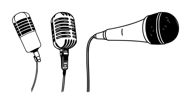 Microphone set with black line art on white background, simple and minimalist illustration featuring microphone, audio, music with recording and sound