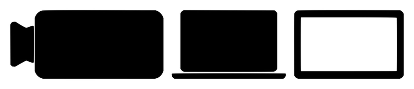Online course video icon set with solid black shape against white background featuring e-learning, digital media, instructional with educational and distance learning