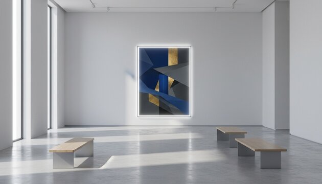 Sleek Movie Poster Mockup Displayed in Modern Gallery Setting, Ideal for Showcasing Artwork and Cinematic Creations with a Contemporary Aesthetic