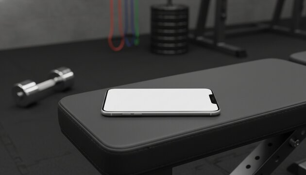 Smartphone mockup on gym bench, blank white screen, fitness app showcase template, front perspective