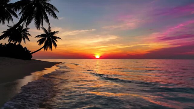 Vibrant tropical seascape unfolds as fiery sun descends beyond the horizon, casting a breathtaking gradient of oranges, pinks, and purples across the tranquil ocean waves reaching the sandy