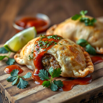 Close-up de empanada dorada con chimichurri casero