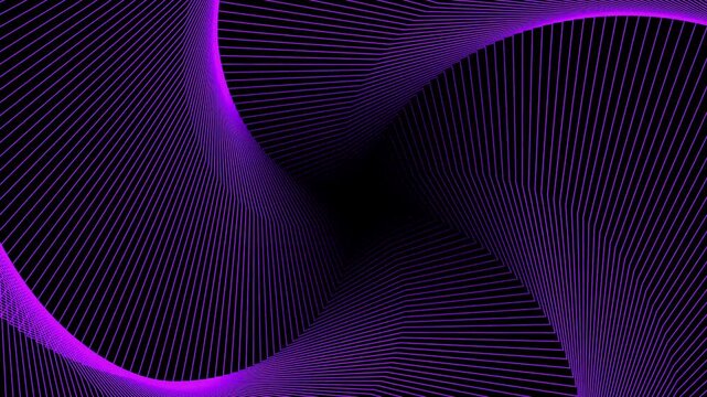 Violet geometric spiral with thin lines forming a complex rotating tunnel on a dark background.