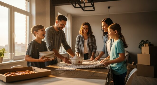 Une famille r&eacute;unie autour d'une table partageant un repas dans un espace de vie baign&eacute; de soleil