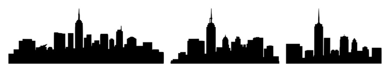 Fototapeta premium City skyline icon set with solid black shapes and white background featuring urban architecture, buildings, skyscrapers with homes and dwellings