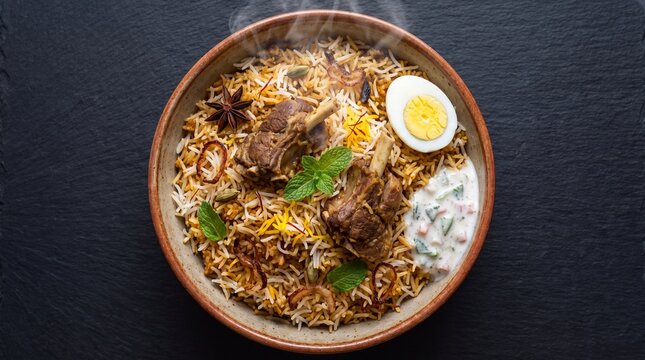 A delicious and aromatic bowl of biryani, a flavorful rice dish often prepared with spices and meat, presented in a traditional serving bowl