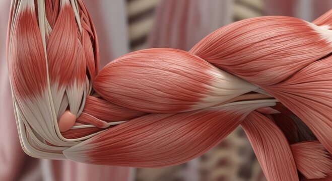 Human bicep muscle anatomy. Anatomical view of muscle fibers and tendons. 3D scientific model for biological education. Healthcare concept, sports medicine and exercise physiology study.