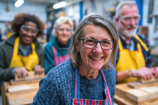Diverse Group of Adults Learning Woodworking Skills in Workshop