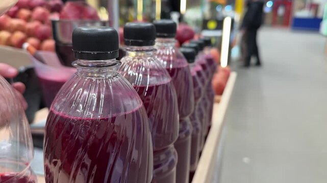 Rows pomegranate juice bottles on shelf, gleaming plastic liters filled with deep crimson liquid, glossy black caps reflecting