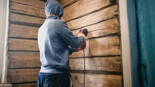 man sands a wooden wall made of timber inside a house
