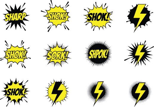 Twelve comic book style sound effect graphics in black and yellow