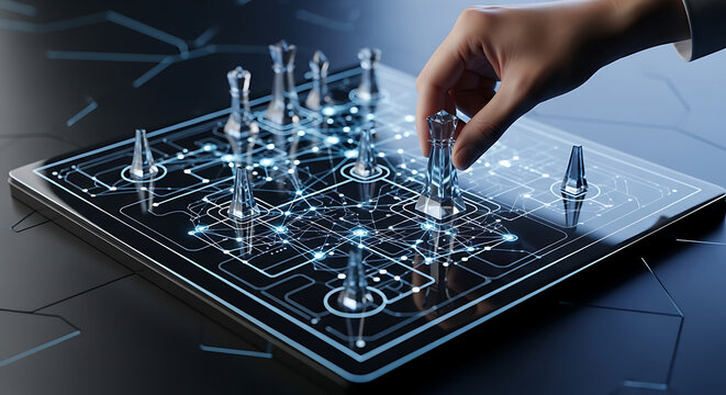 A human hand strategically moves a futuristic, glowing chess piece on a digital chessboard with circuit patterns, symbolizing AI and strategic thinking.