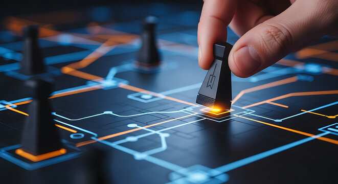 A hand strategically moves a game piece on an illuminated digital network board, symbolizing business strategy and technological planning.