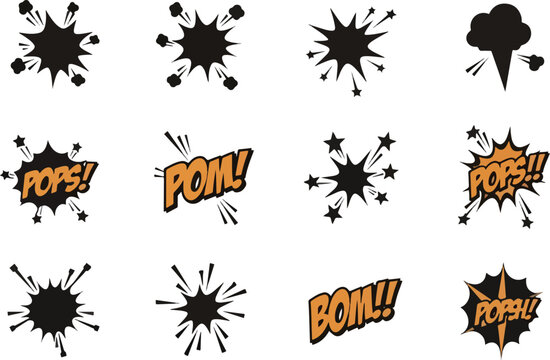 Twelve comicstyle explosion and sound effect graphics in a fourbythree grid