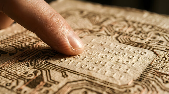 Close-up macro photograph of a human fingertip pressing down on a textured surface that resembles a circuit board made of woven paper. Binary code faintly embossed like braille. 