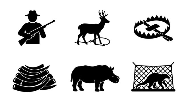 Hunting Icons Set: Hunter, Deer, Trap, Tusks, Rhino, Animal Cage Vector