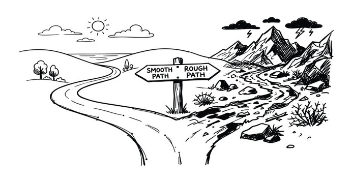 Fork in road with signs pointing to smooth path and rough path.