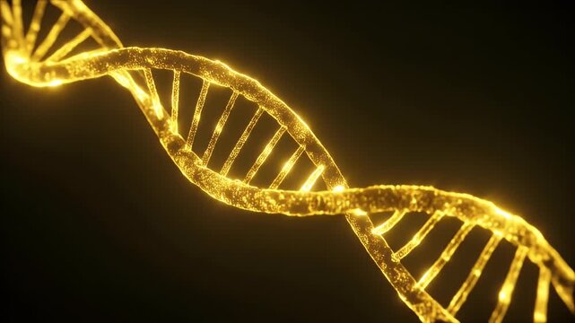 Golden DNA double helix glowing on black background