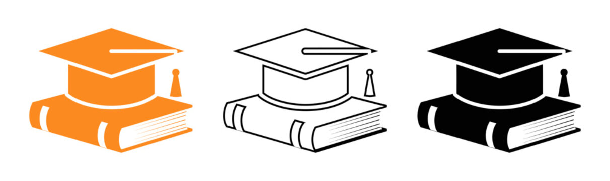 Graduation cap and book icons in different colors
