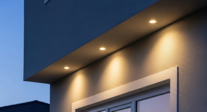 Recessed soffit lighting casting warm illumination on the exterior architecture at dusk
