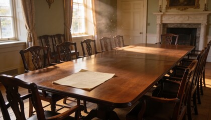Fototapeta premium Streaming sunlight bathing long polished wooden table in dining room, dust motes near single sheet
