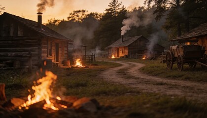 Fototapeta premium Glowing log cabins with chimneys emitting smoke along dirt track at dusk, with campfires