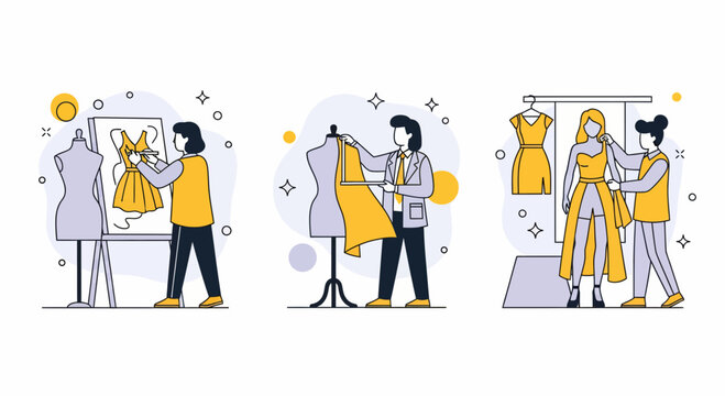 Professional fashion designer sketching fabric on mannequin fitting dress for model in creative studio workshop apparel clothes