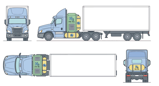 Orthographic 2D CAD Flat Illustration of Hydrogen Fuel Cell Semi Truck in Pastel Colors