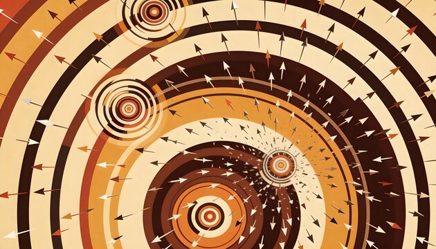 Swirling concentric rings and spirals in center, showing three target rings, triangles, earth tones