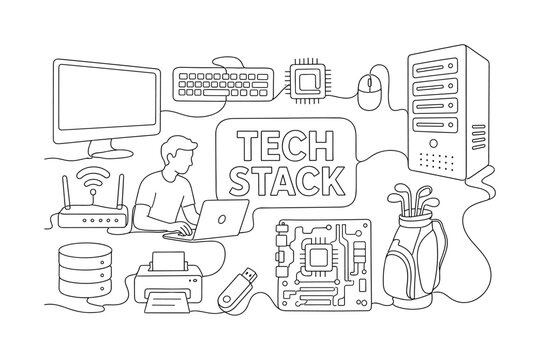 Computer Hardware Network. Clean one-line drawing banner with oversized desktop monitor on left and server tower on right reaching all edges, developer working at laptop with router and motherboard
