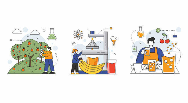 A fruit juice is made by a farm pick then a press and a drink