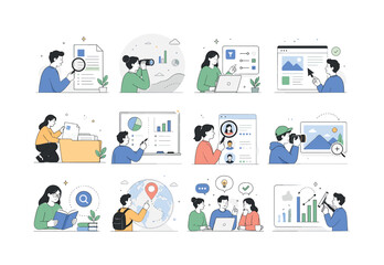 Fototapeta premium Search Data Discovery. Search tools, document finding, web research, data review, SEO analysis, filters, investigation, discovery and digital exploration. 12 minimalist editorial vector scenes: