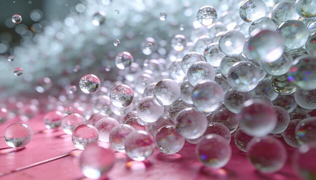 Scattering clear glass marbles creating shimmering cluster on pink wooden plank, showing bubbles