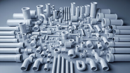 Obraz premium Gray pvc pipe fittings and connectors on a gray background