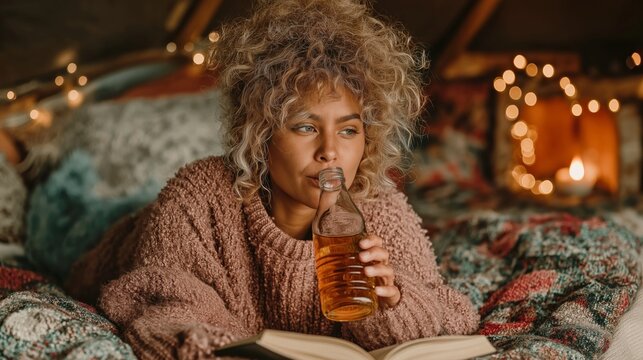 Woman reads a book while drinking from a bottle in a cozy setting with warm lights and blankets during the evening