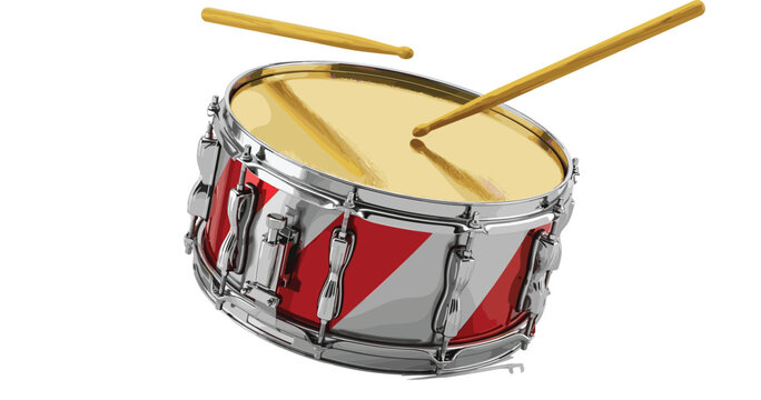 Realistic Snare Drum Vector Illustration with Drumsticks, Chrome Hardware, and Red Stripe Design for Music, Band, and Percussion Instrument Concepts