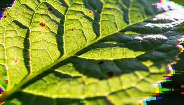Showing large green leaf with diagonal midrib, veins, droplets, blemishes, RGB banding in garden