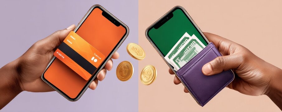 Mobile payment versus cash: two hands holding smartphones with a digital wallet and paper money
