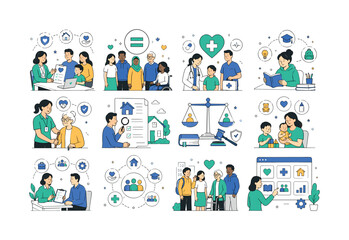 Fototapeta premium Social Policy Line Icons. Social policy, welfare, equality, public health, education, housing, community support, inclusion. 12 minimalist editorial vector scenes: a social worker helps a family