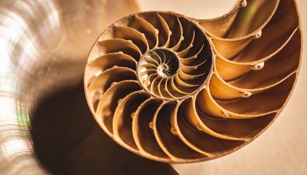 Displaying nautilus shell cross-section glinting on smooth beige surface, showing pearlescent edge