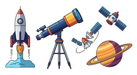 Space Exploration Icons: Rocket, Telescope, Satellites, and Planet © Maman
