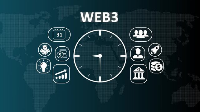 Futuristic Web3 decentralized internet concept animation displaying digital icons for blockchain technology, smart contracts, and decentralized finance on a business interface.
