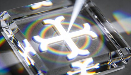 Obraz premium Displaying clear acrylic block producing rainbow rings on smooth gray tabletop, with etched cross
