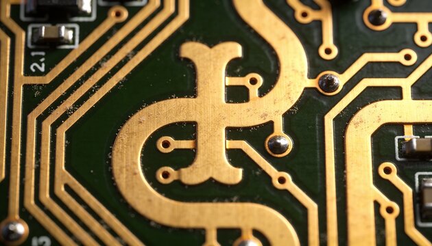 Showing large gold plated curving trace centering macro closeup, with vias and silkscreen 2
