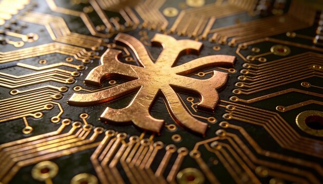 Highlighting copper emblem sitting on green PCB in studio setup, showing etched traces and vias