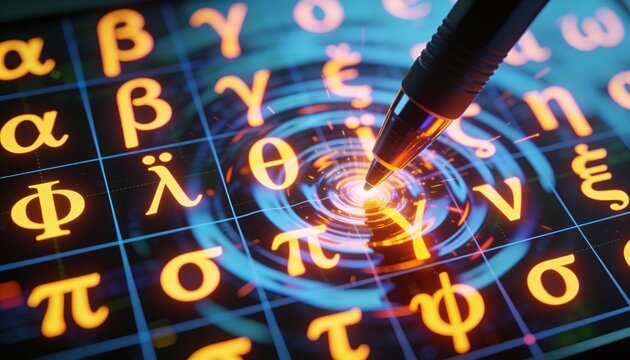 Touching metal stylus tip forming ringed blue ripple and orange sparks on touchscreen, Greek grid